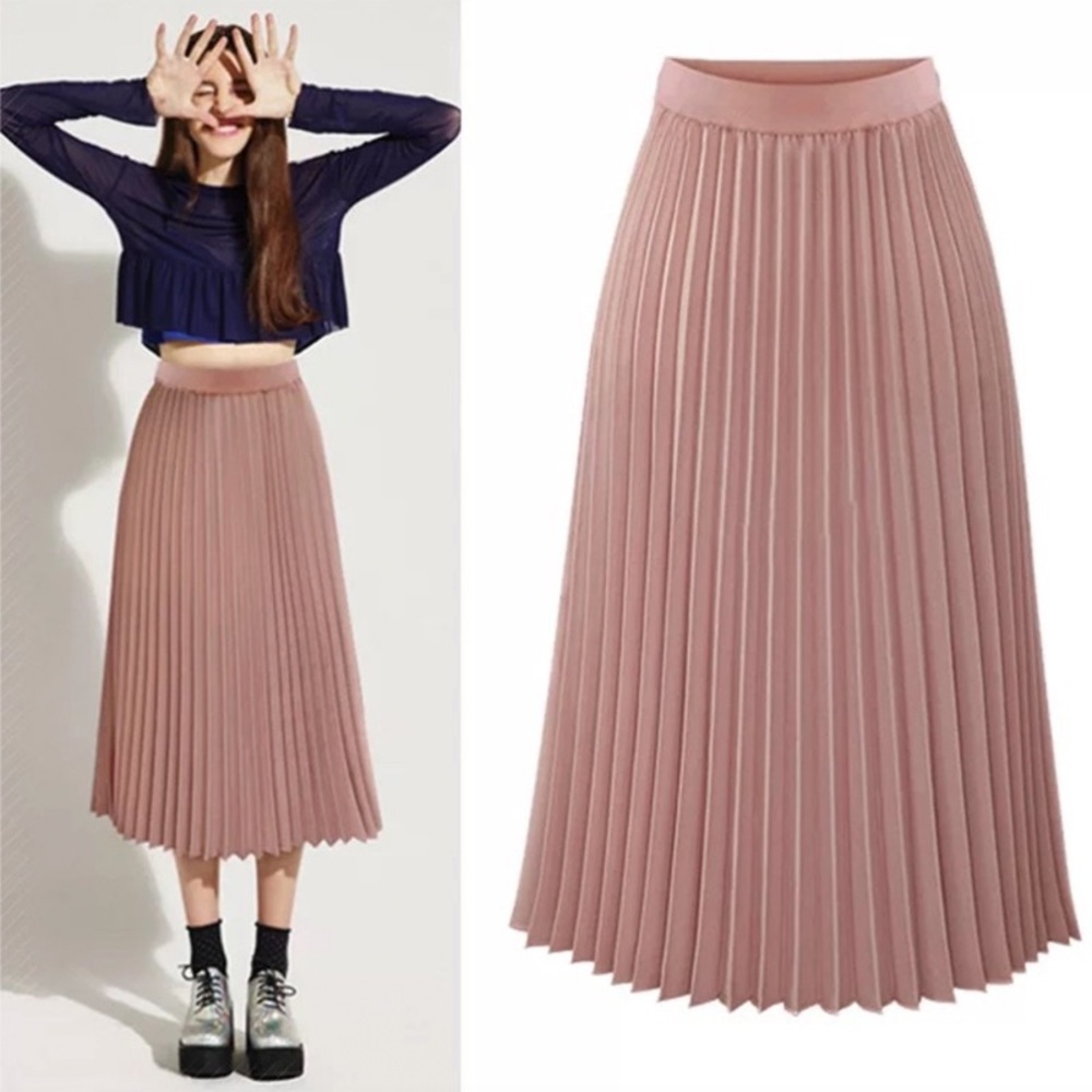 Pink pleated midi skirt